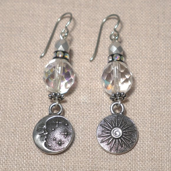 Hand Crafted Handmade Earrings Iridescent Moon & Stars Pewter Long Earri… - Picture 1 of 5
